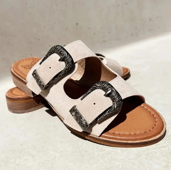 New! Tan Suede Western Buckle Slip On Slide Sandals in Sand - Picture 8 of 8
